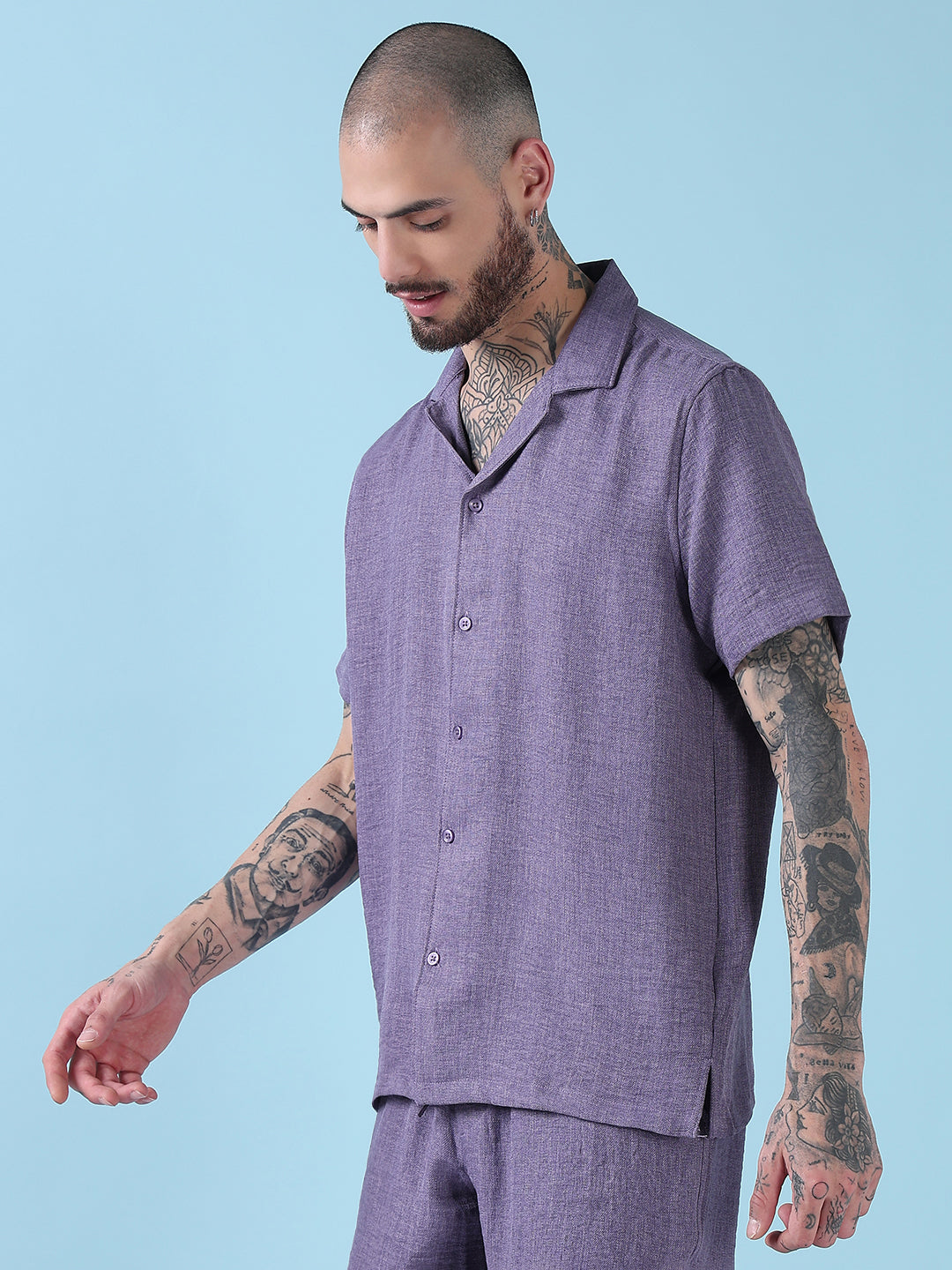 Men's Purple Solid Cuban Collar Relaxed Fit Co-Ords Set