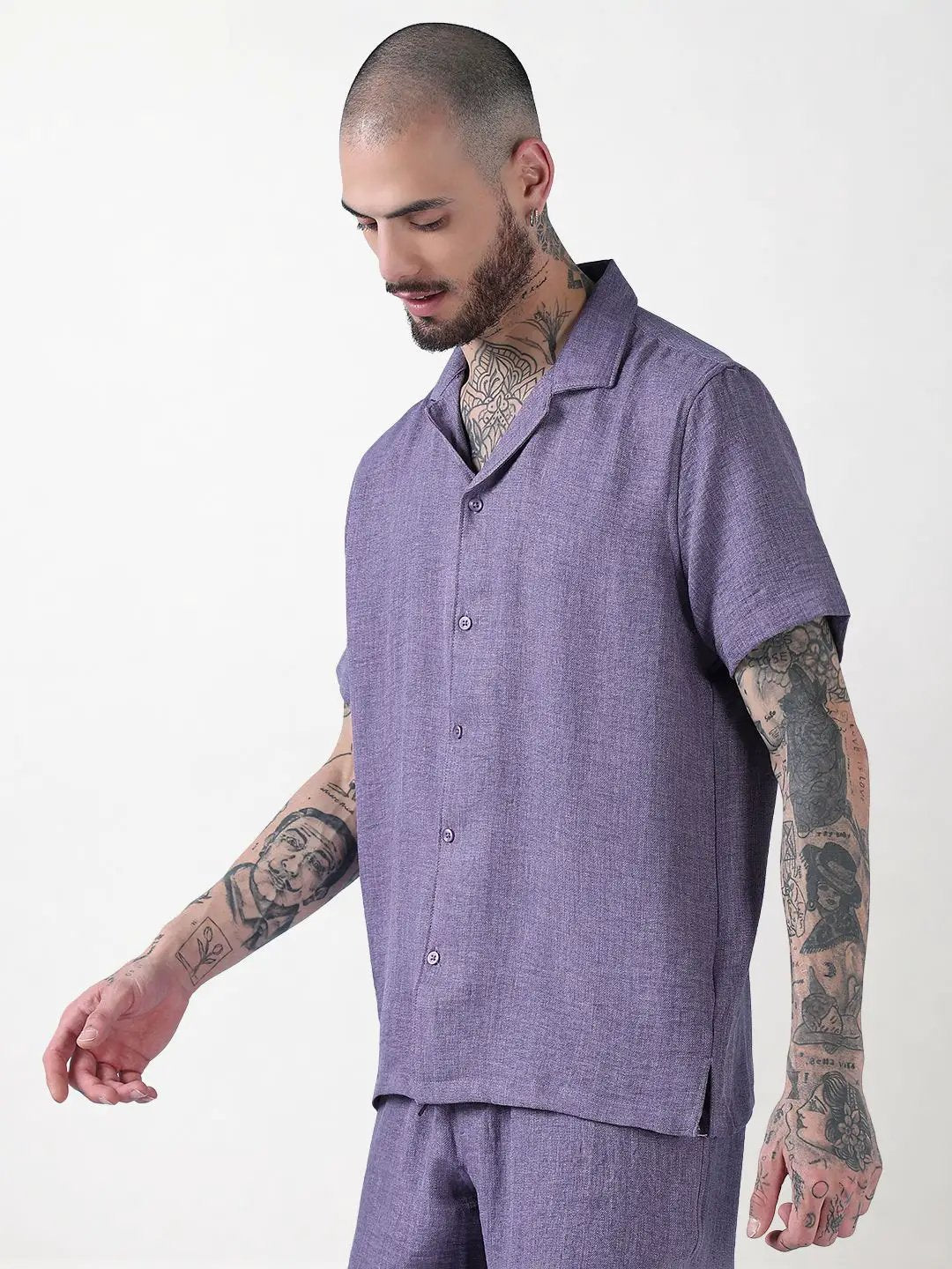 Men's Purple Solid Cuban Collar Relaxed Fit Co-Ords Set - Uncategorized from SHOWOFFFF