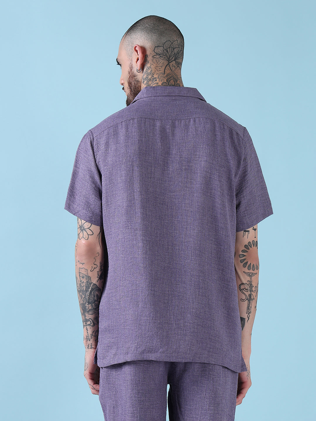 Men's Purple Solid Cuban Collar Relaxed Fit Co-Ords Set