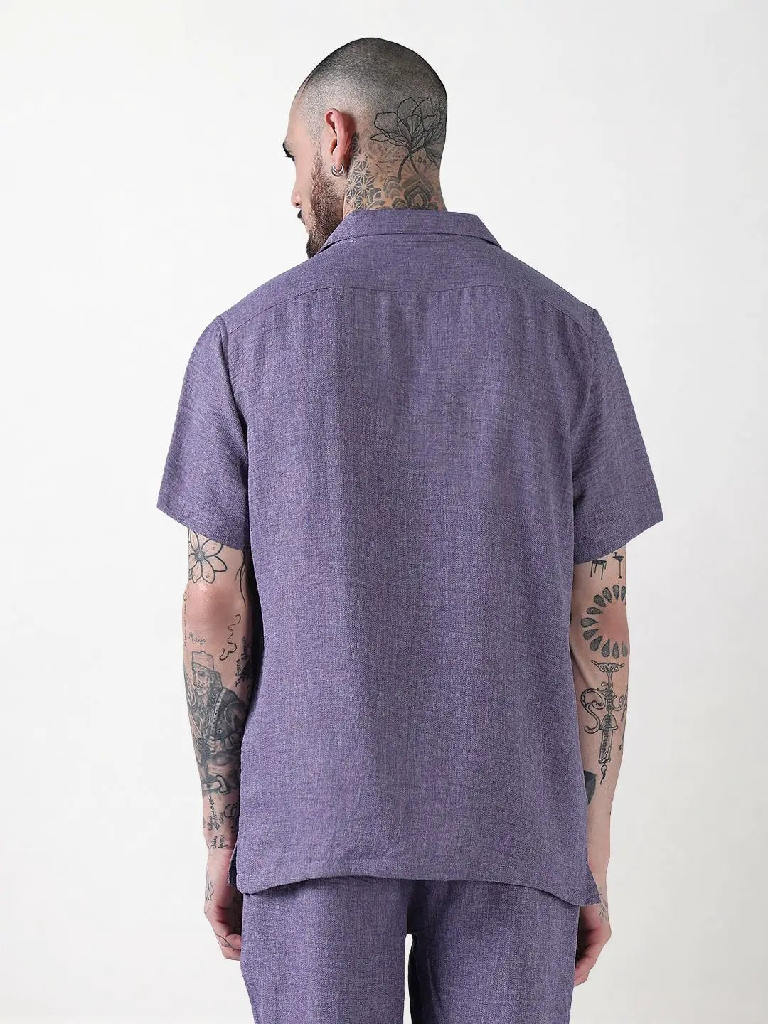 Men's Purple Solid Cuban Collar Relaxed Fit Co-Ords Set - Uncategorized from SHOWOFFFF