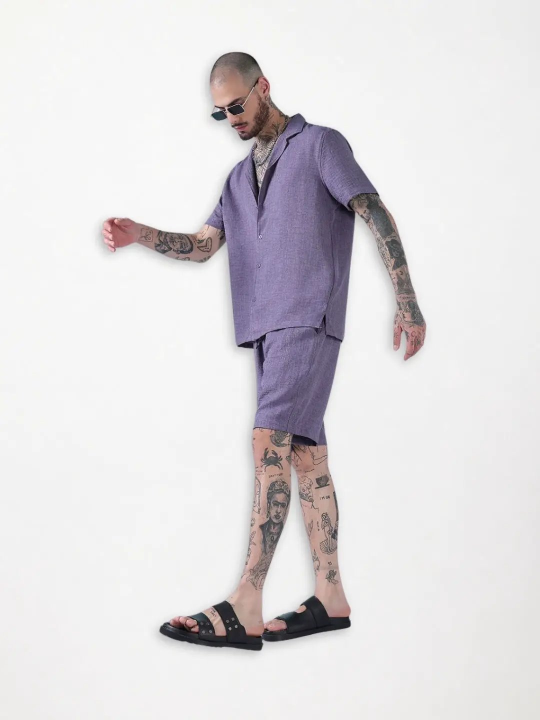 Men's Purple Solid Cuban Collar Relaxed Fit Co-Ords Set - Uncategorized from SHOWOFFFF