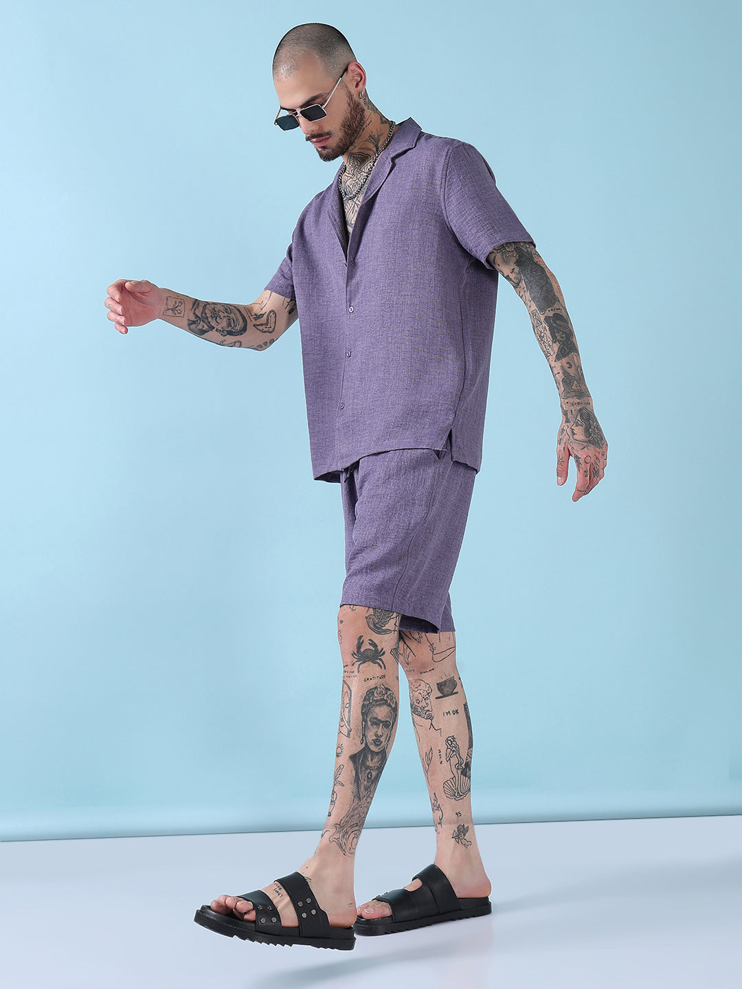 Men's Purple Solid Cuban Collar Relaxed Fit Co-Ords Set