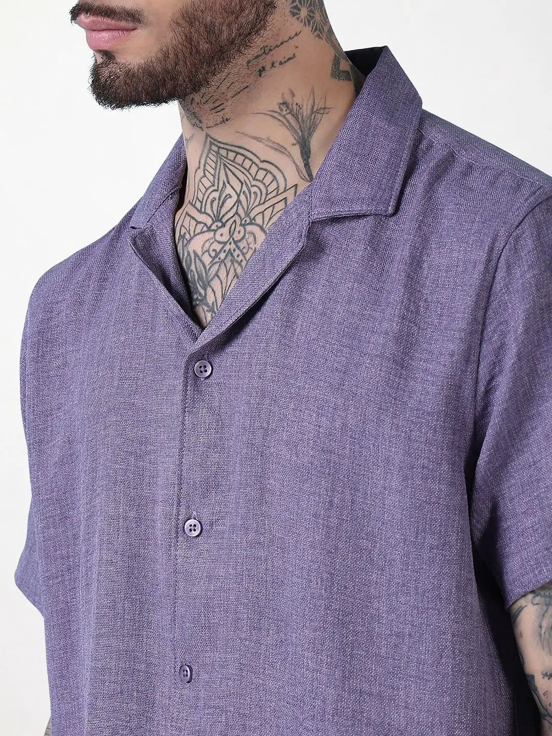 Men's Purple Solid Cuban Collar Relaxed Fit Co-Ords Set - Uncategorized from SHOWOFFFF