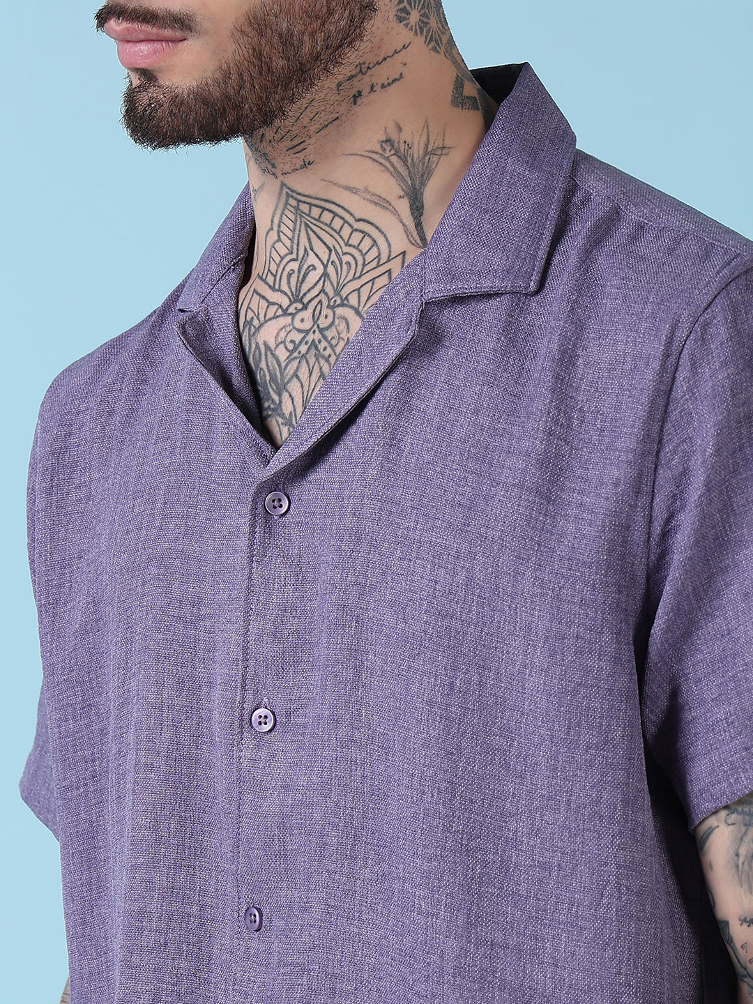 Men's Purple Solid Cuban Collar Relaxed Fit Co-Ords Set