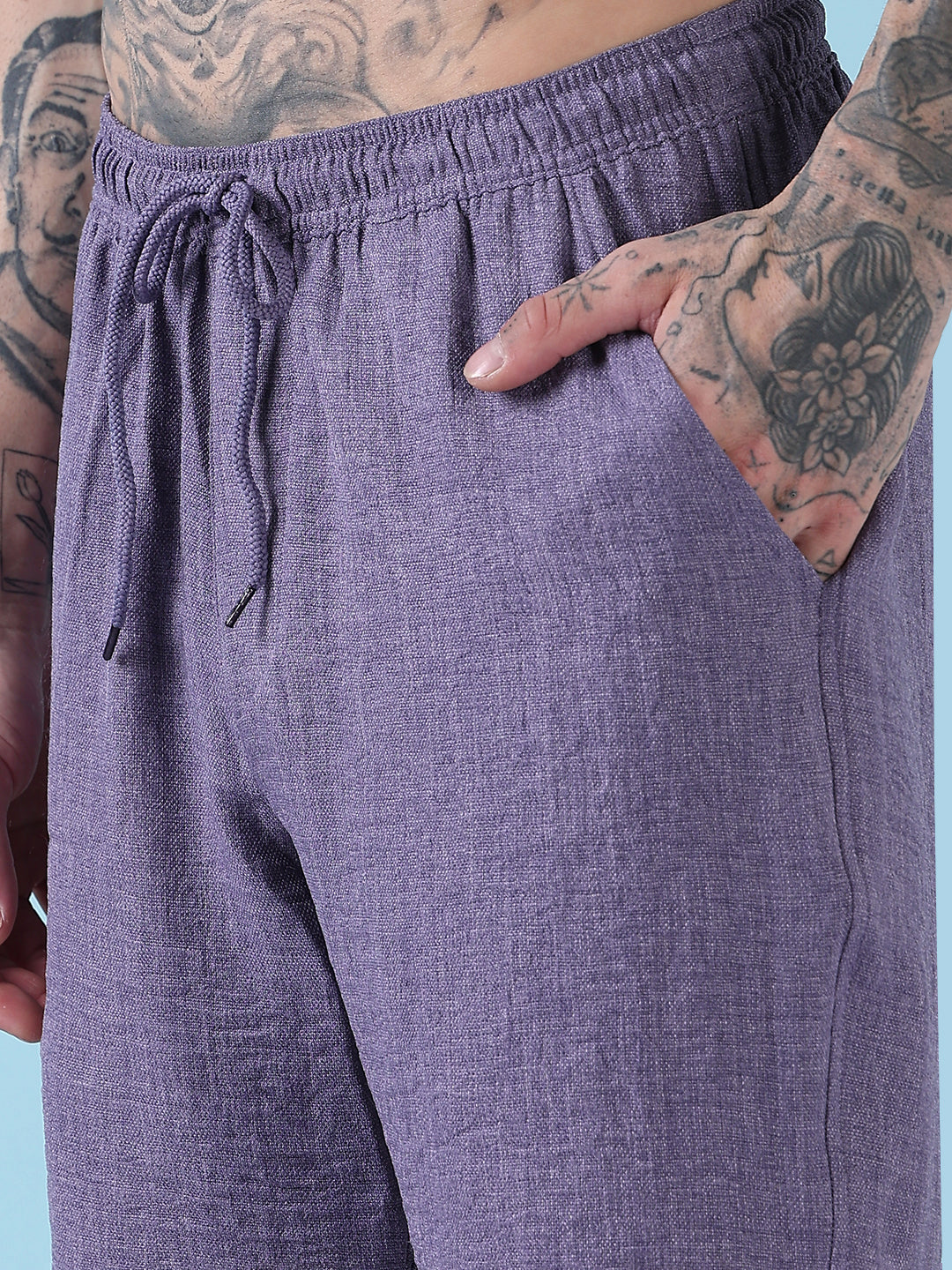 Men's Purple Solid Cuban Collar Relaxed Fit Co-Ords Set