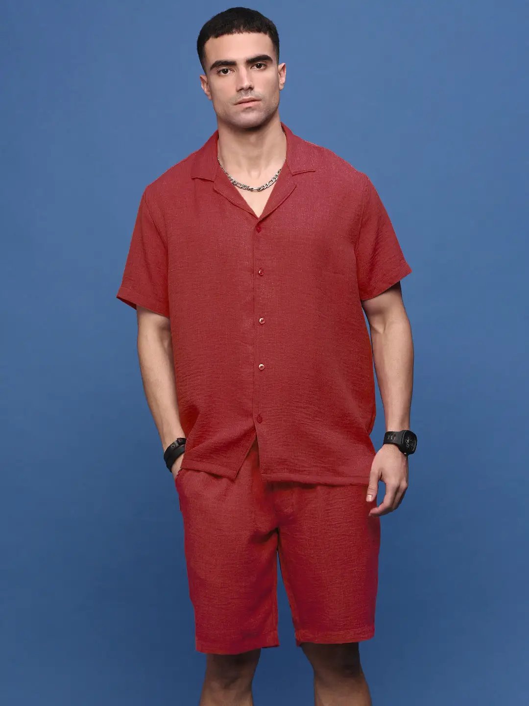 Men's Red Cuban Collar Relaxed Fit Co-Ords Set - from SHOWOFFFF