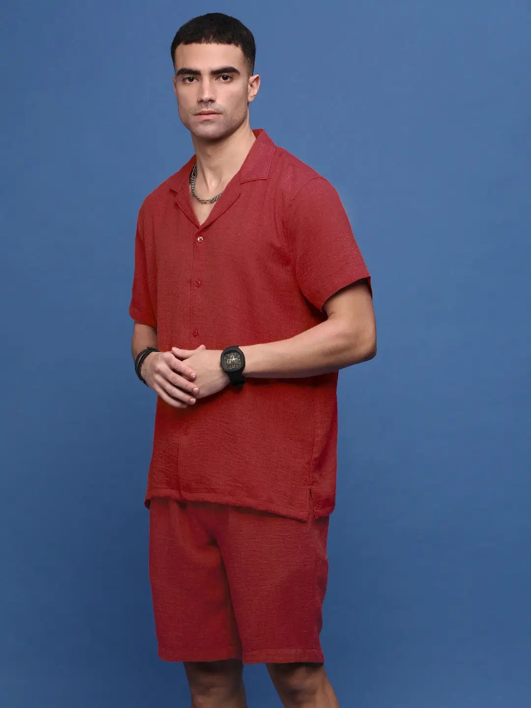 Men's Red Cuban Collar Relaxed Fit Co-Ords Set - from SHOWOFFFF
