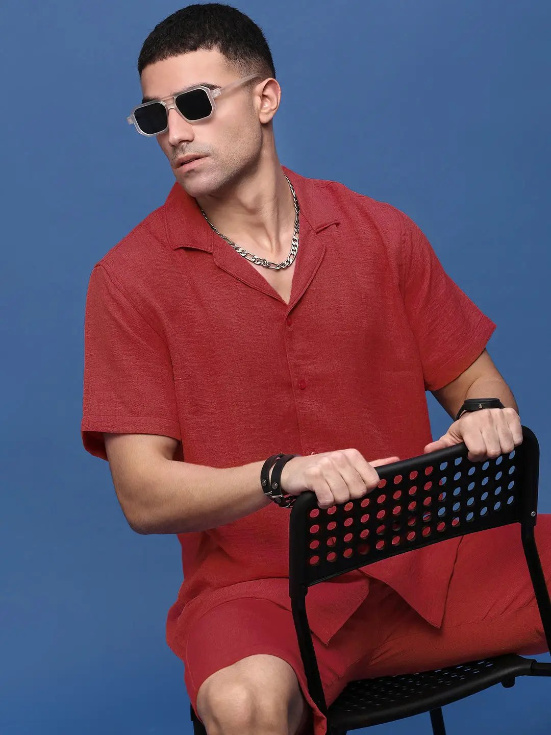 Men's Red Cuban Collar Relaxed Fit Co-Ords Set - from SHOWOFFFF