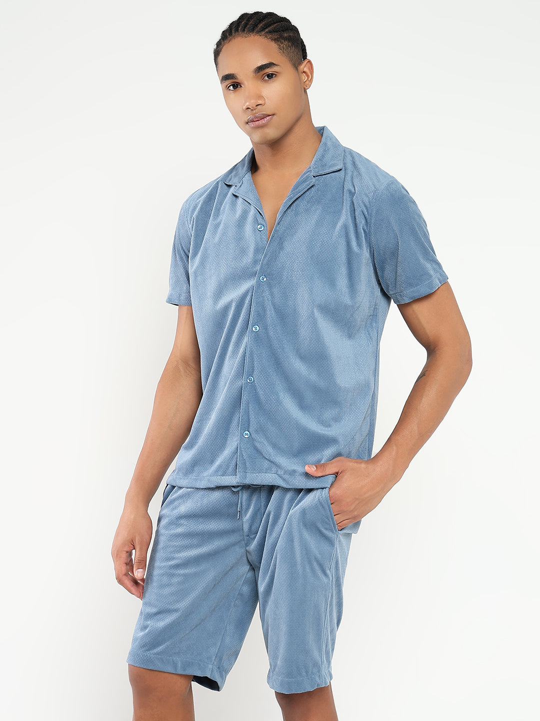 Men's Blue Solid Co-Ords Set
