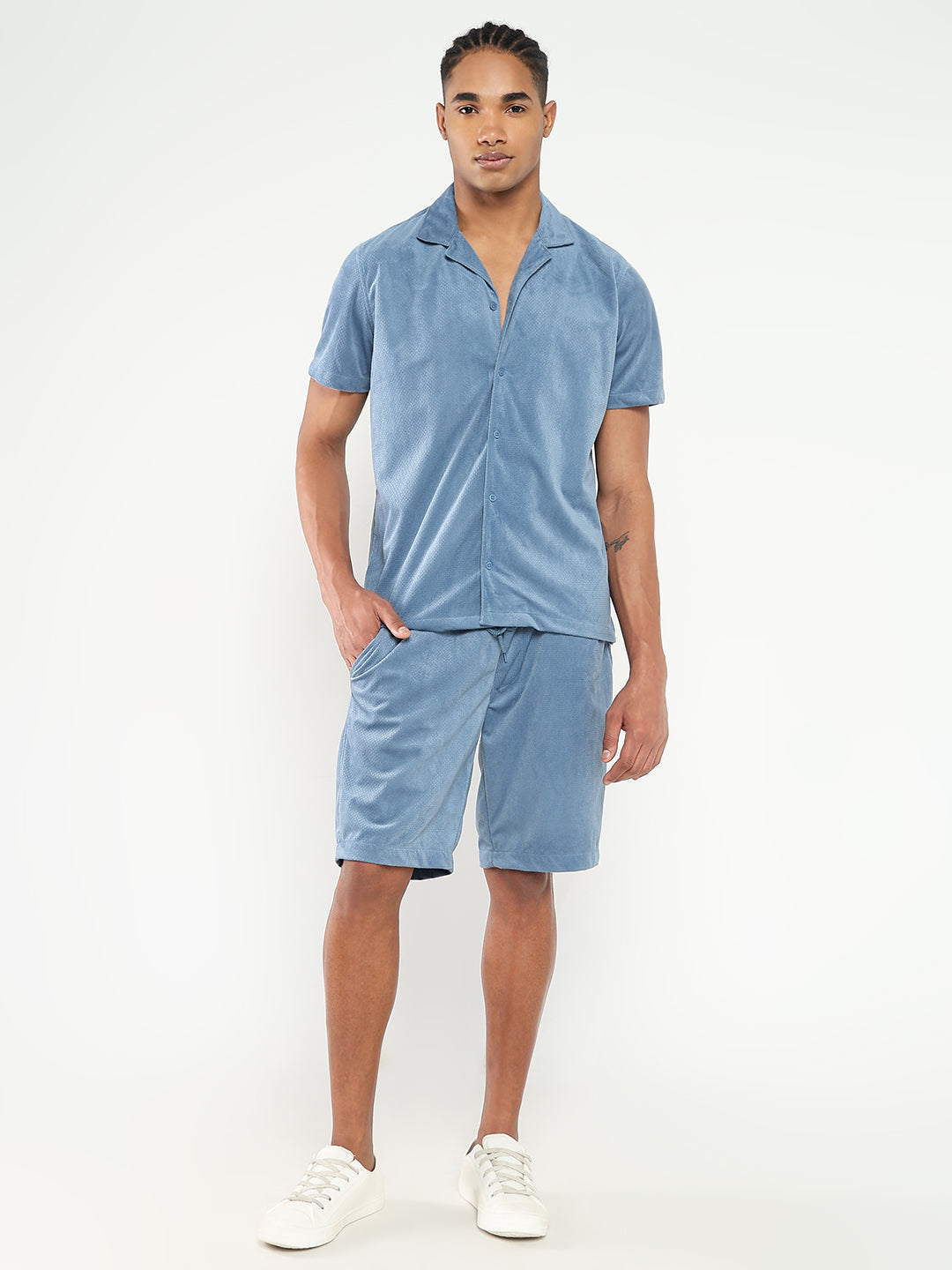 Men's Blue Solid Co-Ords Set