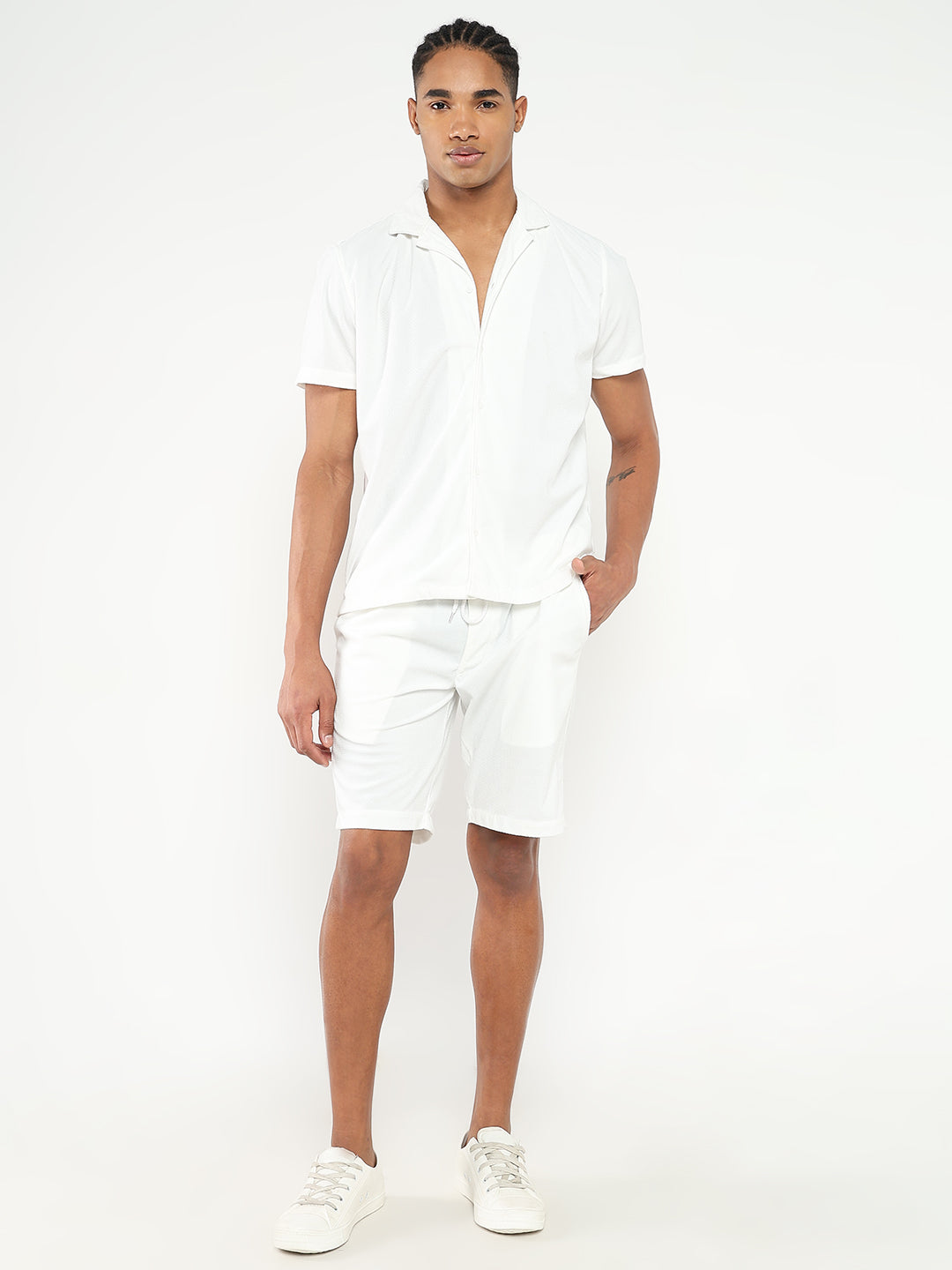 Men White Solid Co Ords Set