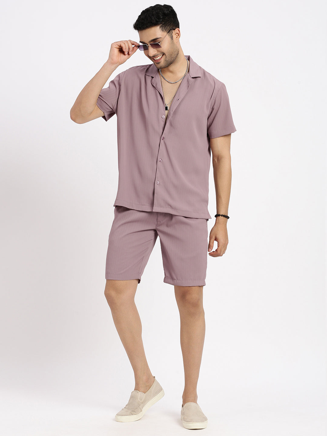 Men Mauve Solid Co Ords Set