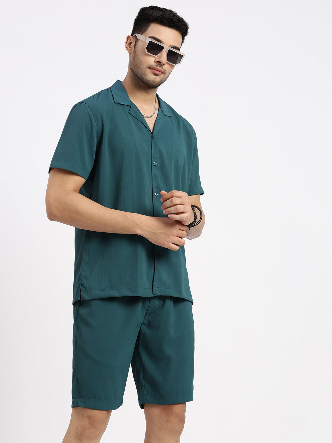 Men Teal Solid Co Ords Set