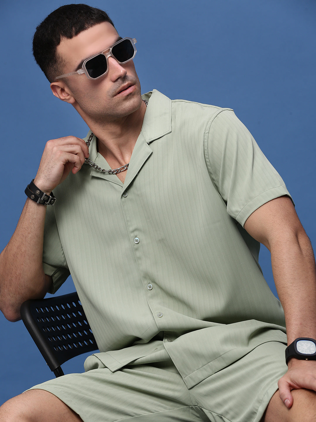 Men Green Cuban Collar Solid Co Ords Set