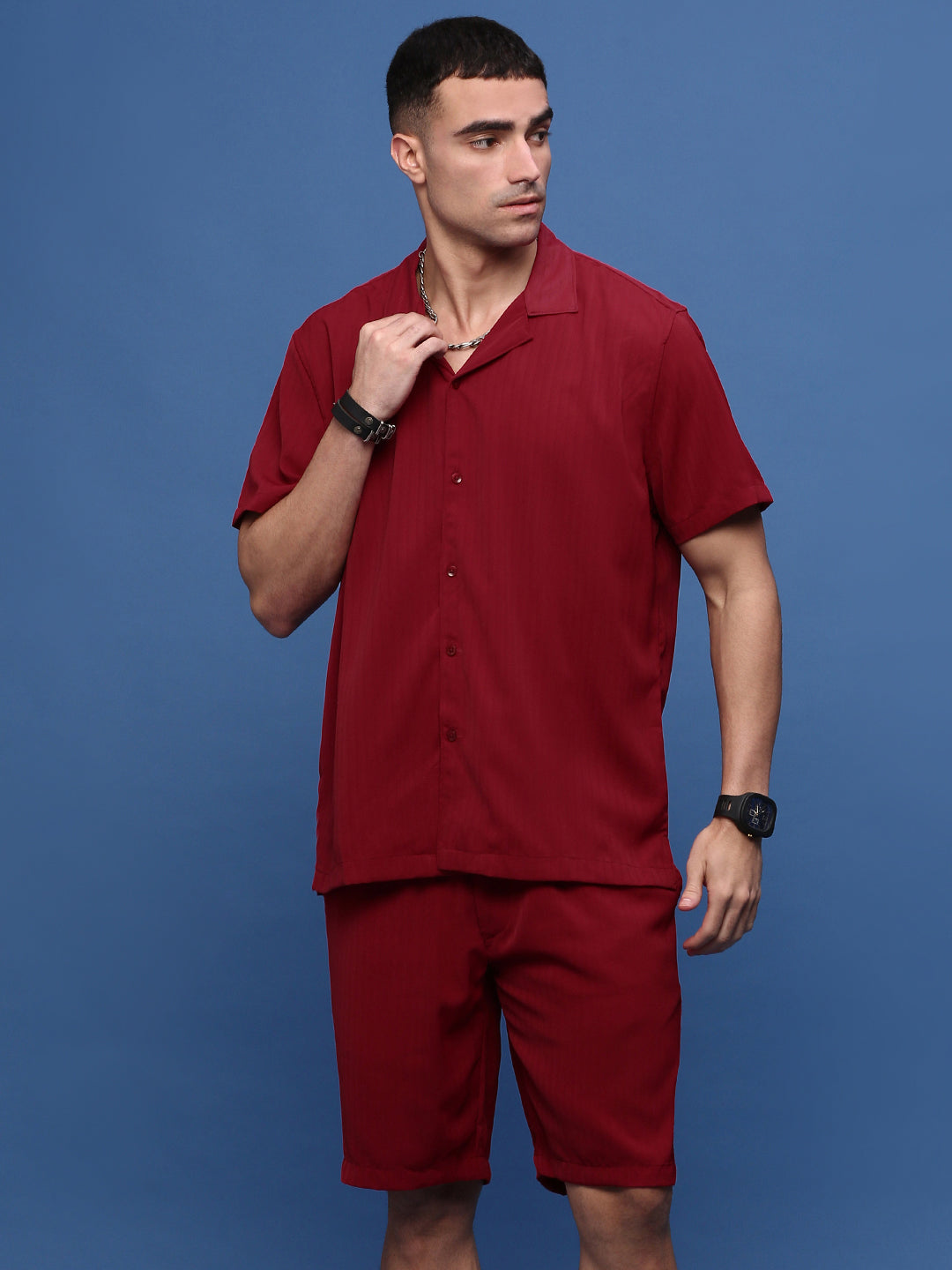 Men Red Cuban Collar Solid Co Ords Set