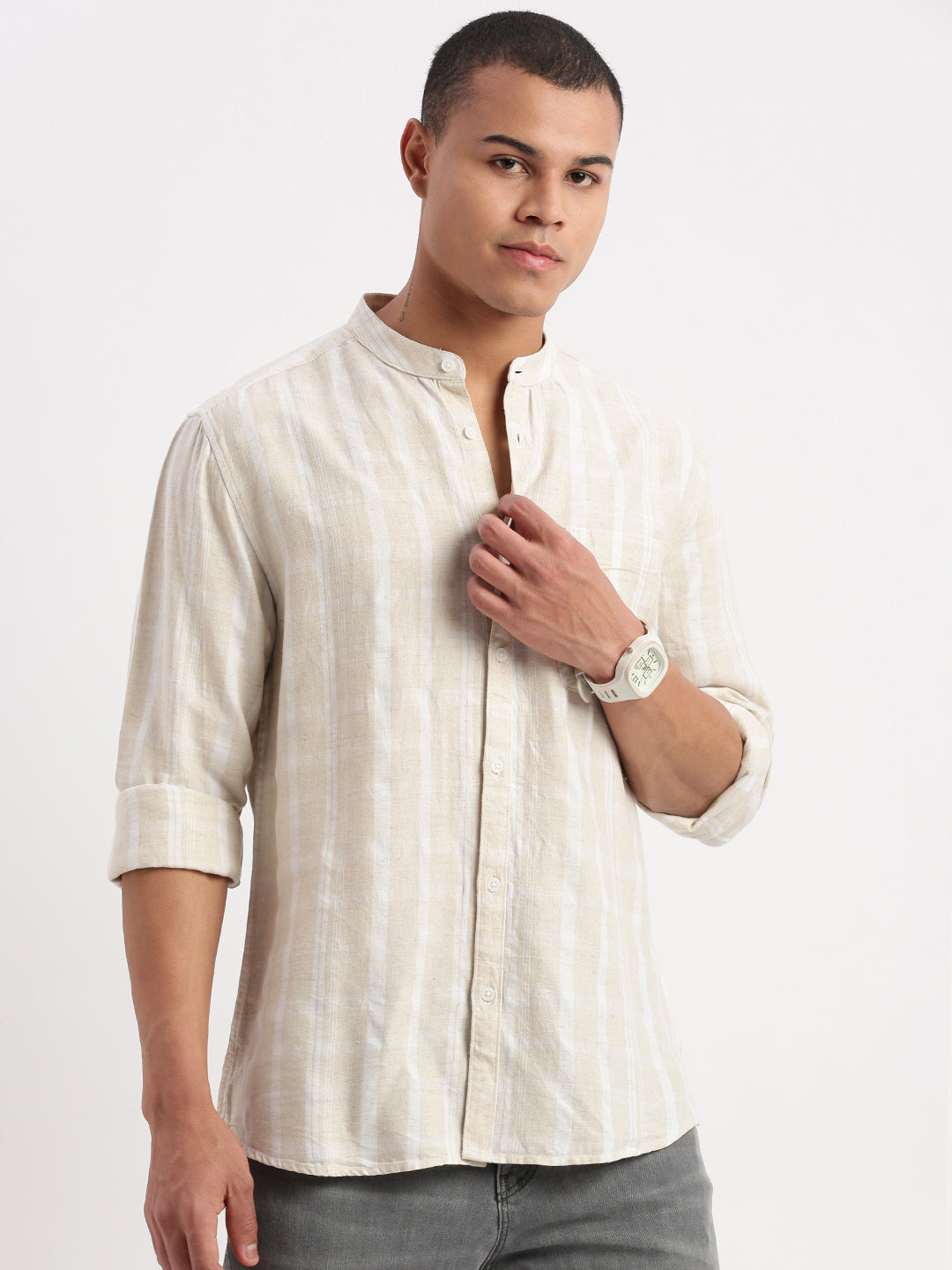 Men Mandarin Collar Vertical Stripes Cream Shirt