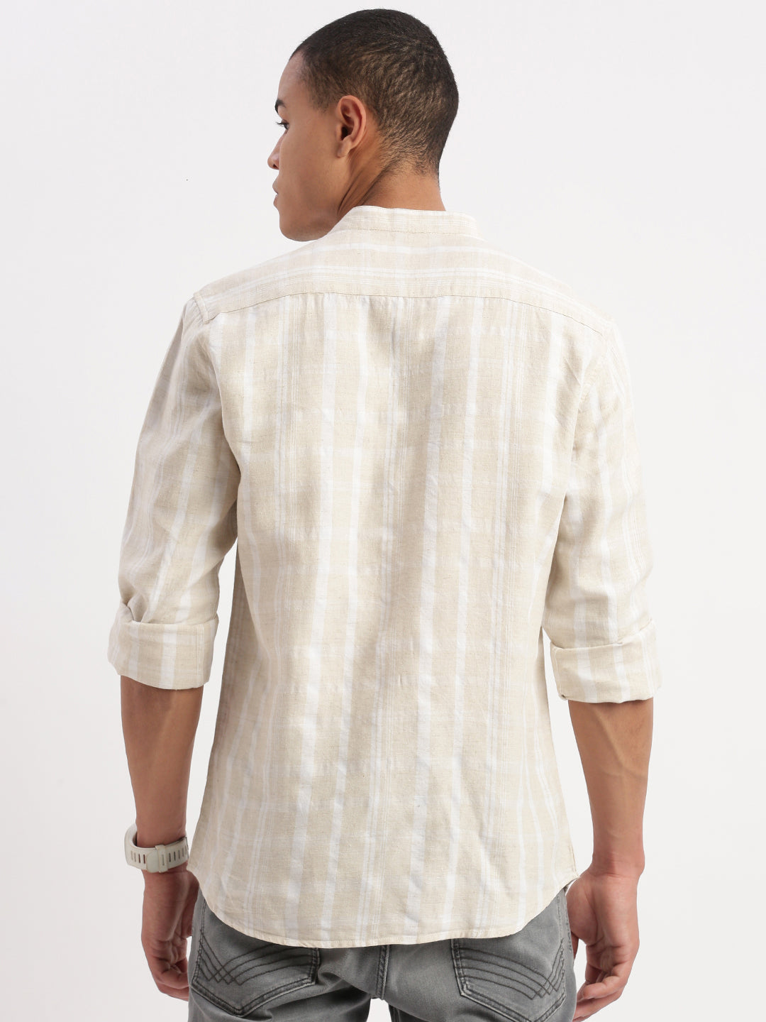 Men Mandarin Collar Vertical Stripes Cream Shirt