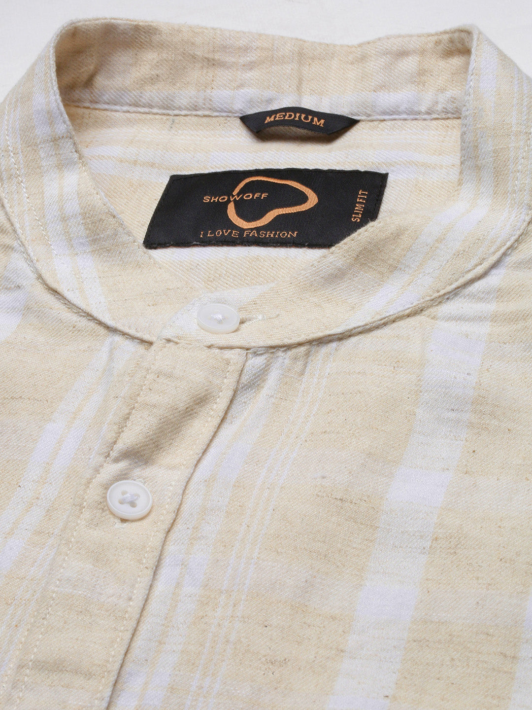 Men Mandarin Collar Vertical Stripes Cream Shirt