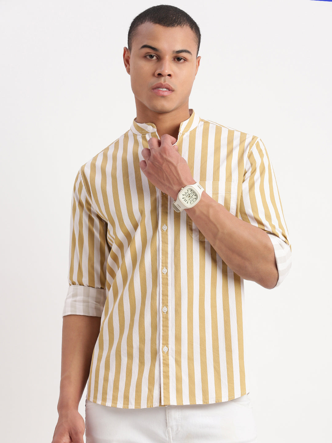 Men Mandarin Collar Vertical Stripes Khaki Shirt