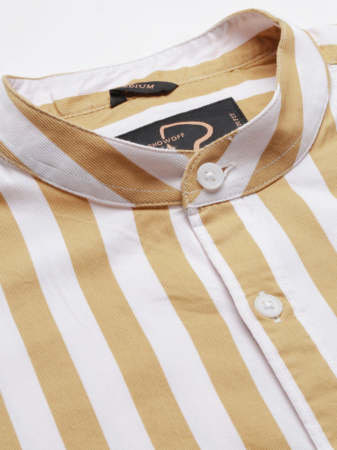 Men Mandarin Collar Vertical Stripes Khaki Shirt