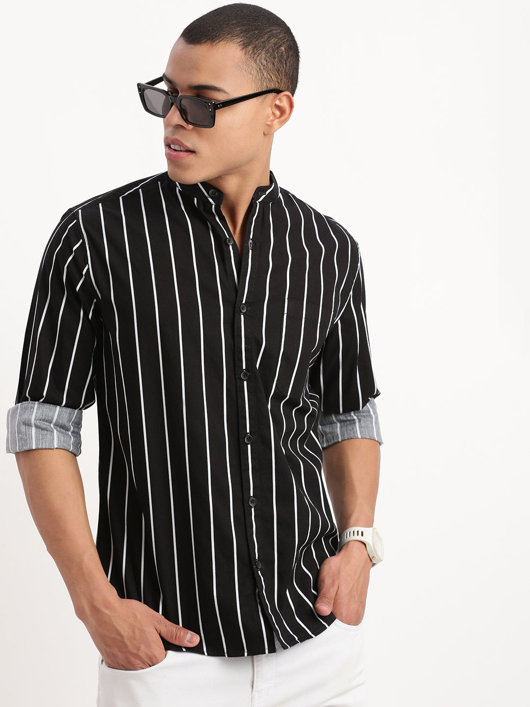 Men Mandarin Collar Vertical Stripes Black Shirt