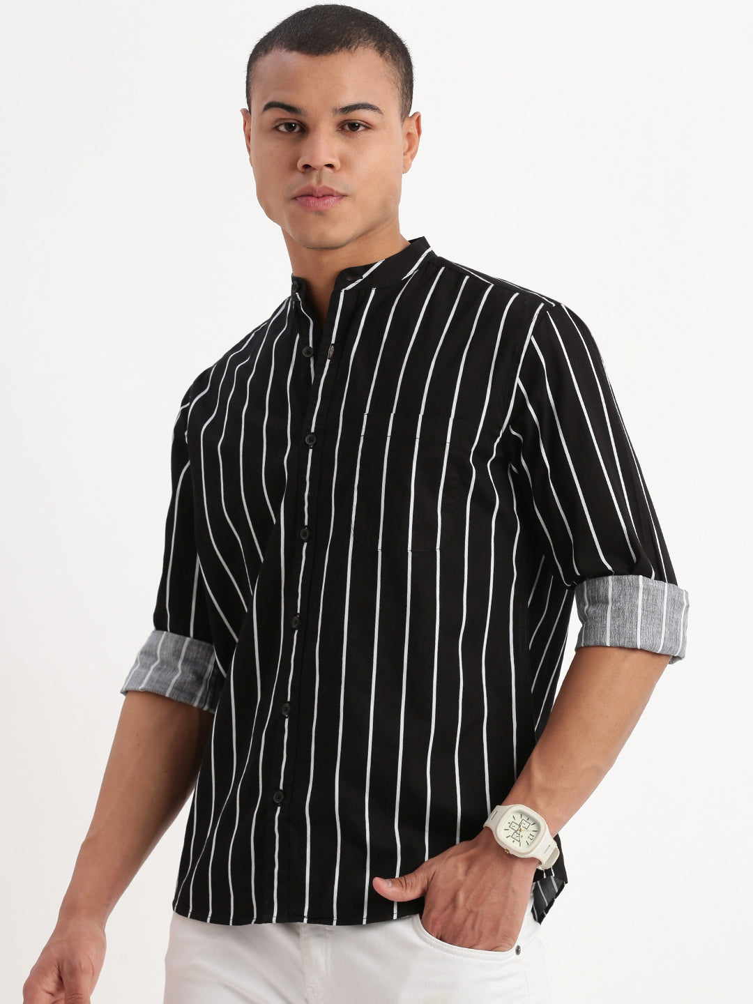 Men Mandarin Collar Vertical Stripes Black Shirt