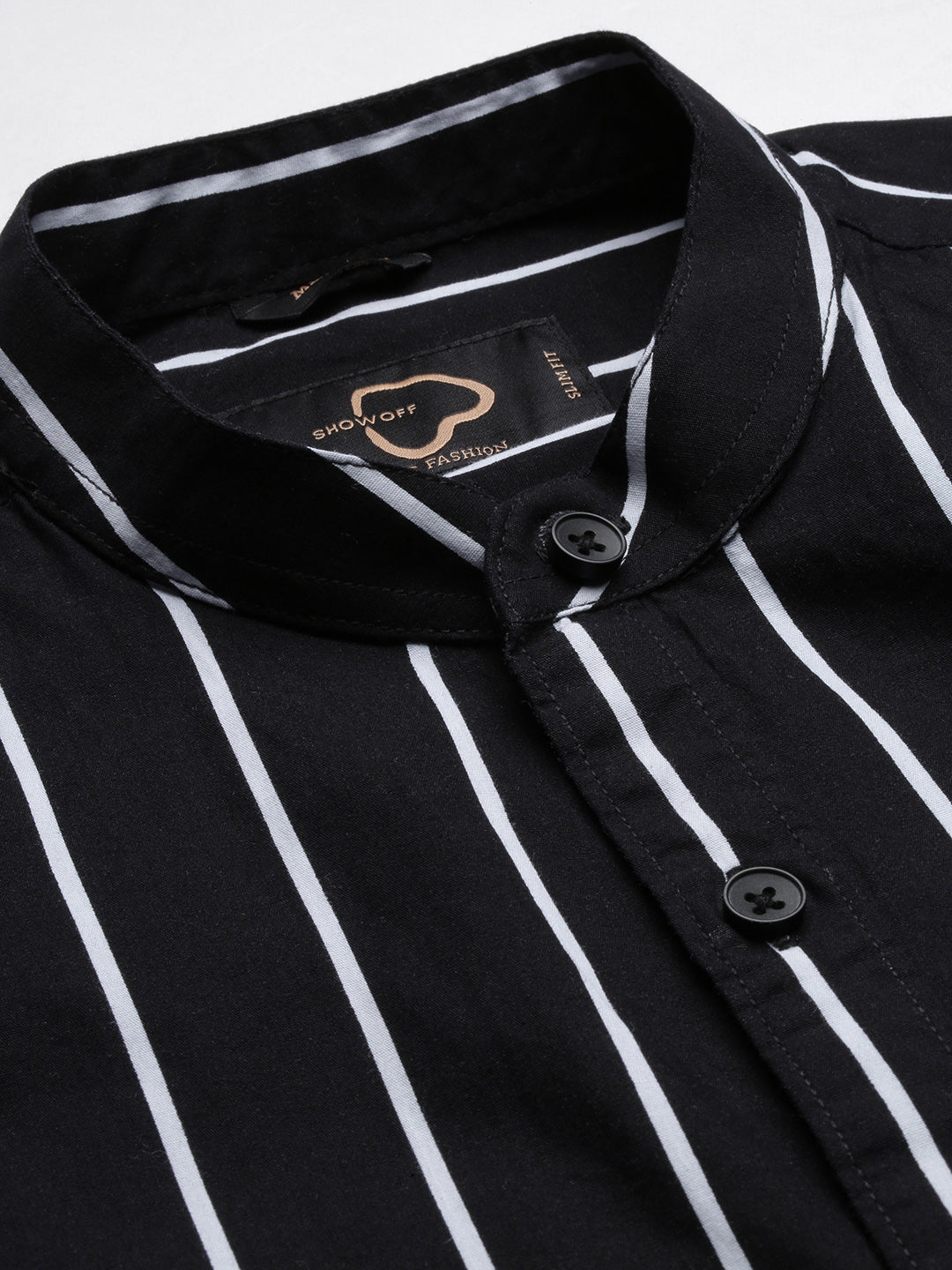 Men Mandarin Collar Vertical Stripes Black Shirt