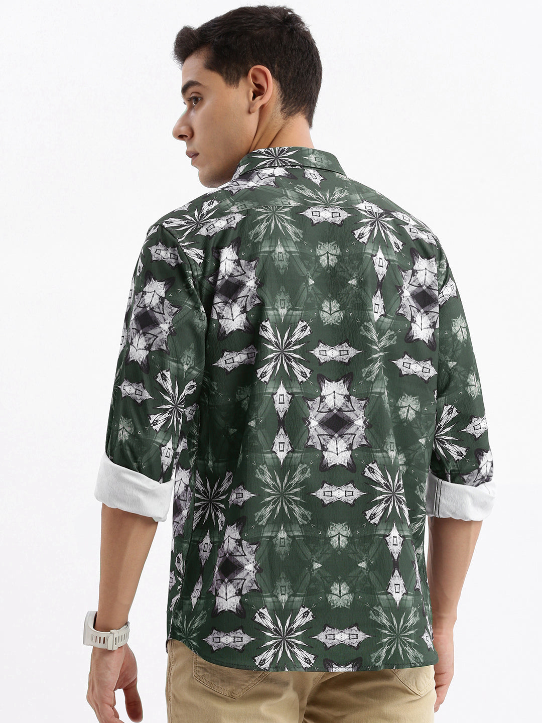 Men Spread Collar Abstract Slim Fit Green Shirt