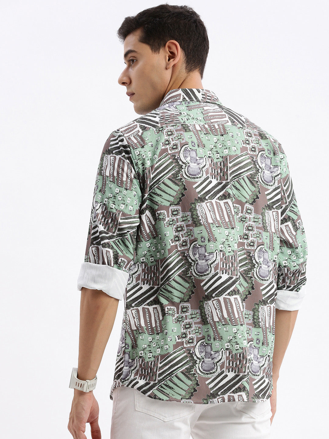 Men Spread Collar Abstract Slim Fit Green Shirt