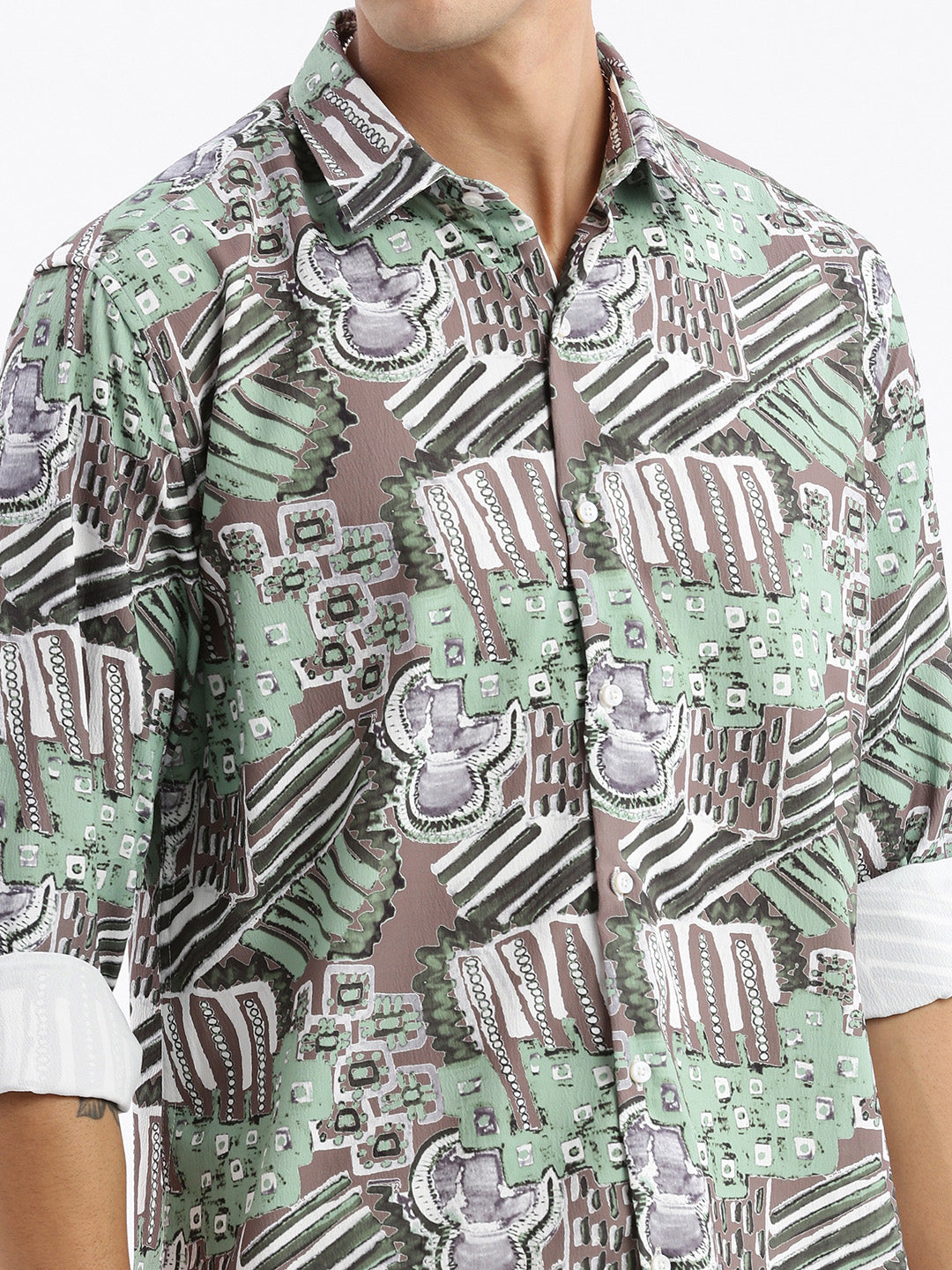 Men Spread Collar Abstract Slim Fit Green Shirt