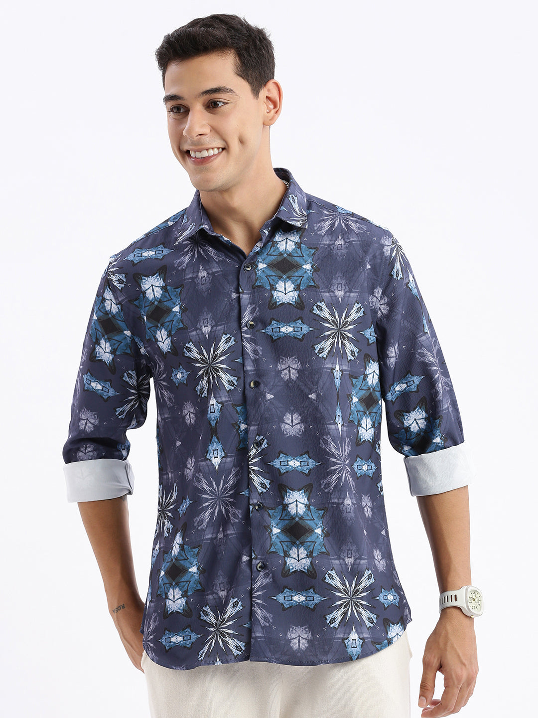 Men Spread Collar Abstract Slim Fit Blue Shirt