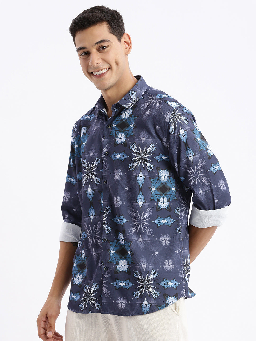 Men Spread Collar Abstract Slim Fit Blue Shirt