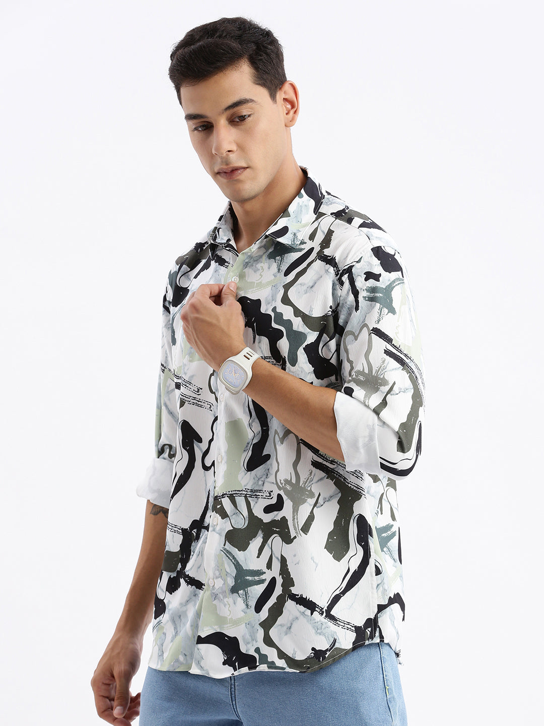 Men Spread Collar Abstract Slim Fit Sea Green Shirt