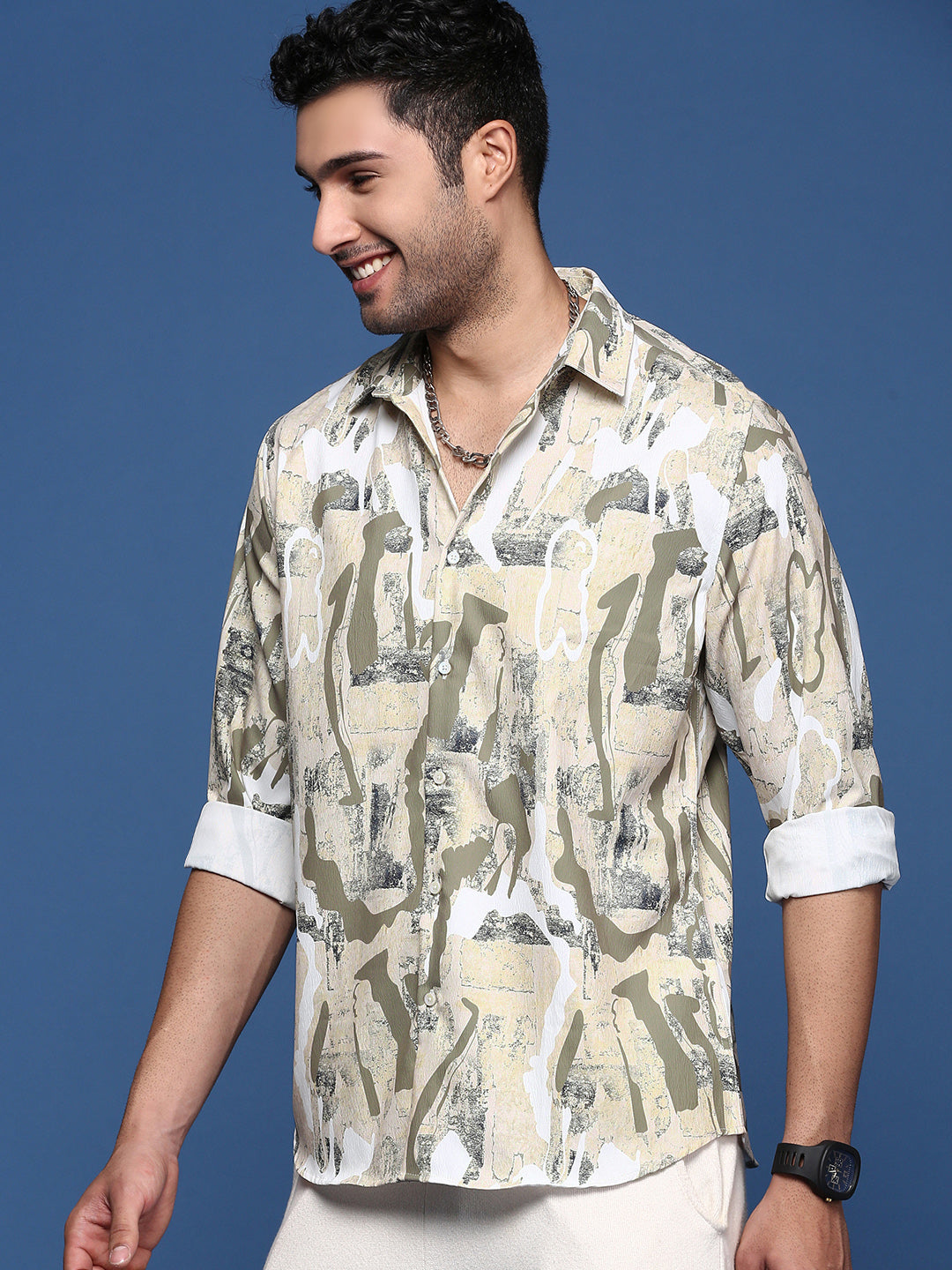 Men Abstract Beige Slim Fit Shirt