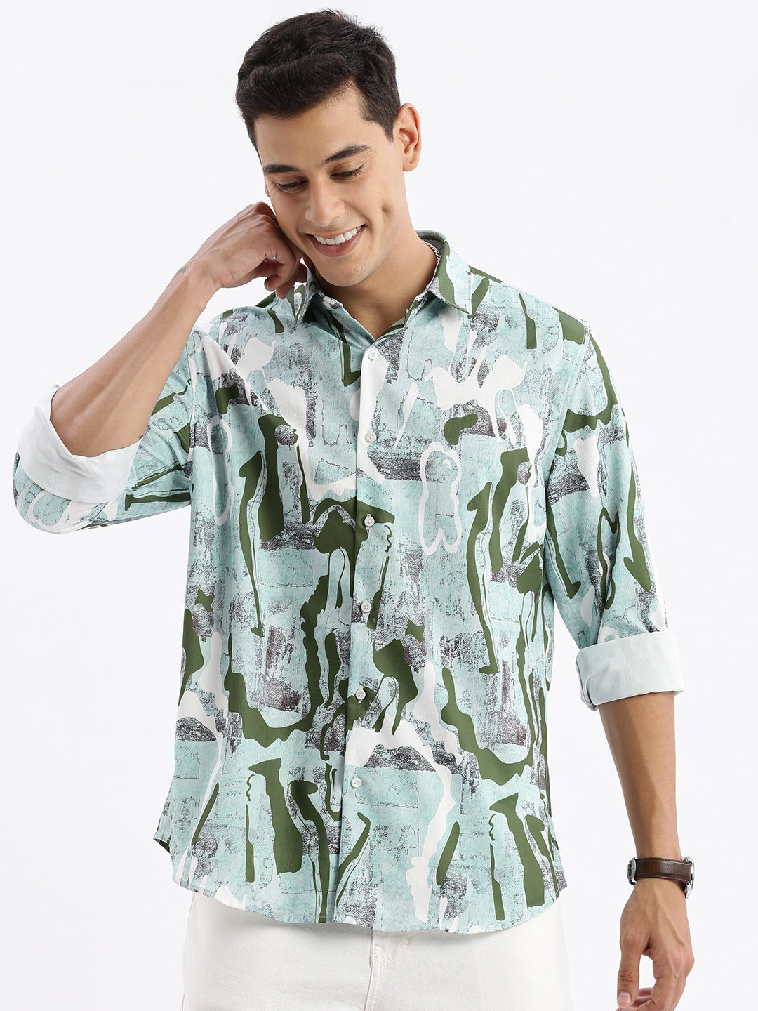 Men Spread Collar Abstract Slim Fit Sea Green Shirt