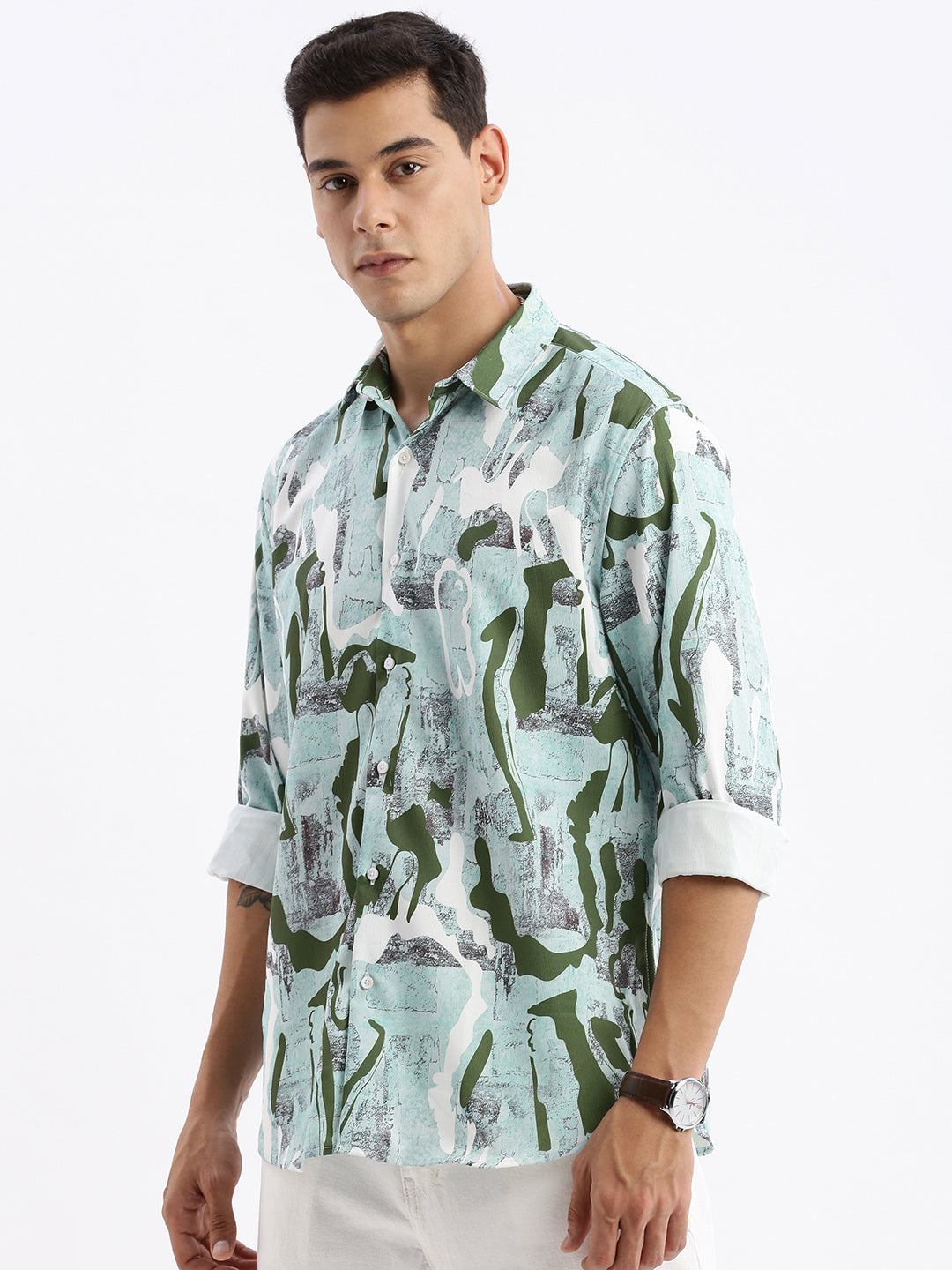 Men Spread Collar Abstract Slim Fit Sea Green Shirt