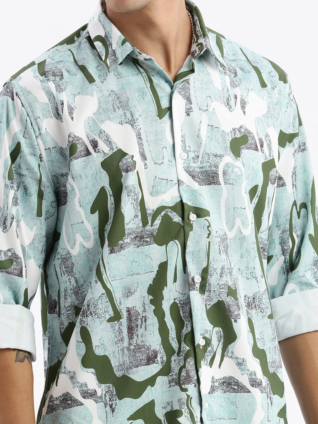 Men Spread Collar Abstract Slim Fit Sea Green Shirt