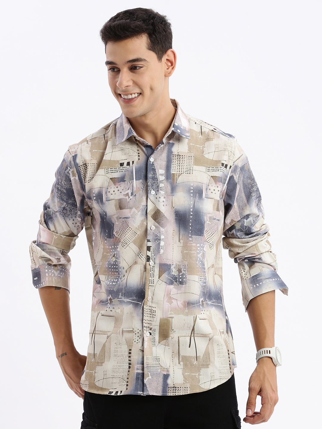 Men Spread Collar Abstract Slim Fit Multi Shirt