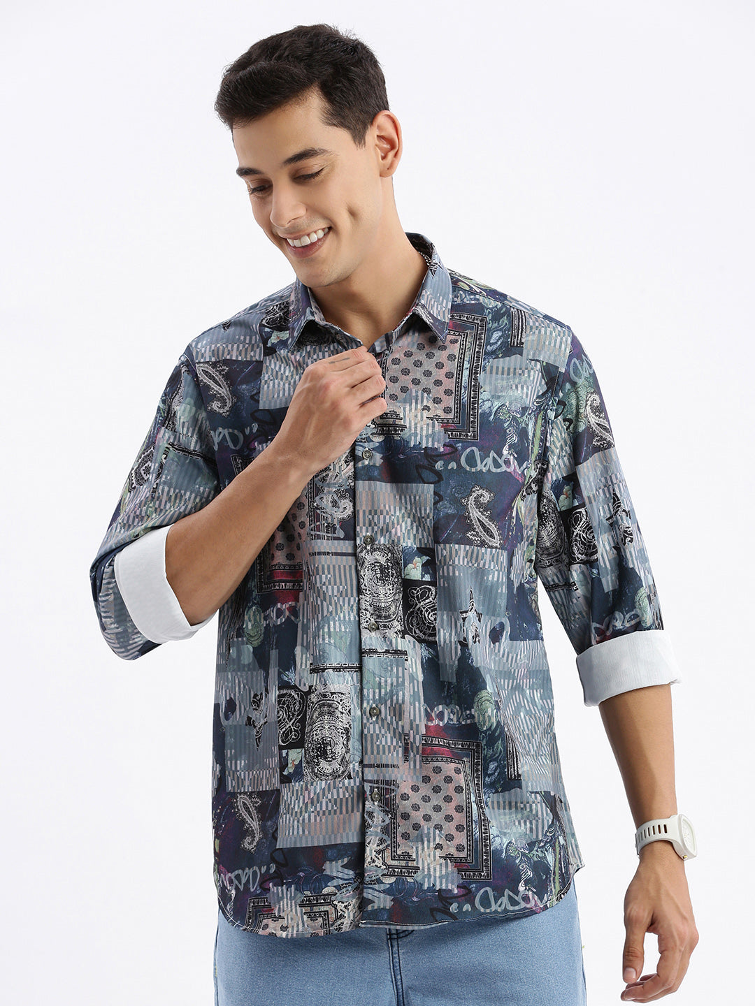 Men Spread Collar Abstract Slim Fit Multi Shirt