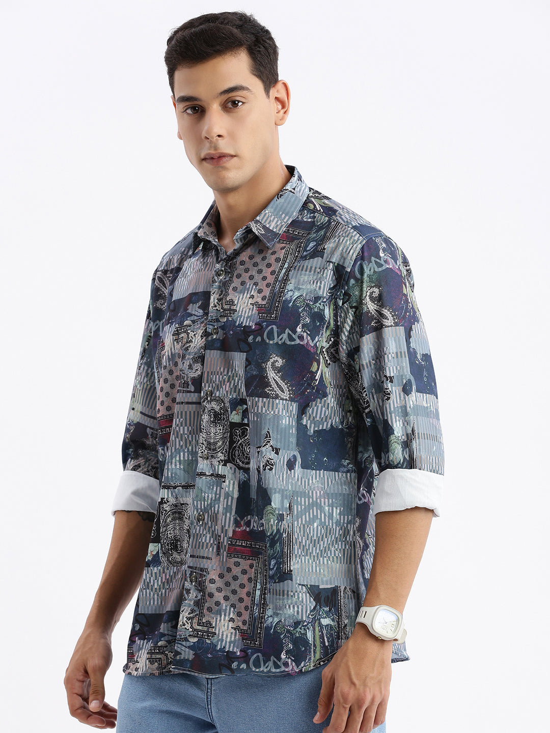 Men Spread Collar Abstract Slim Fit Multi Shirt