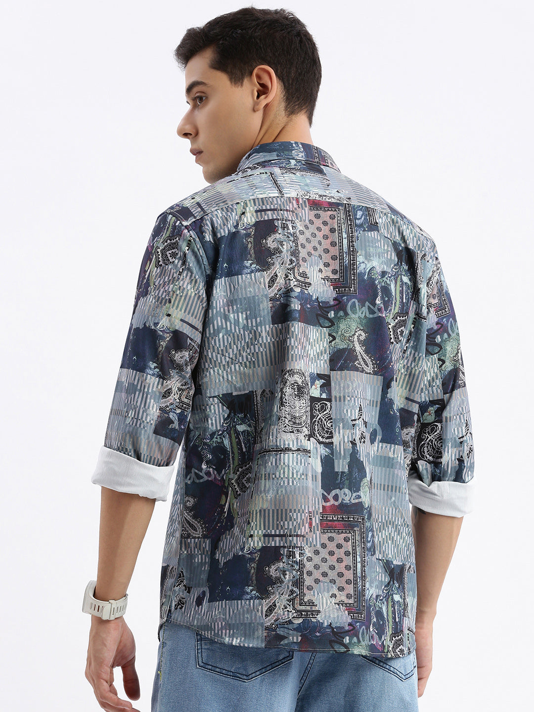 Men Spread Collar Abstract Slim Fit Multi Shirt