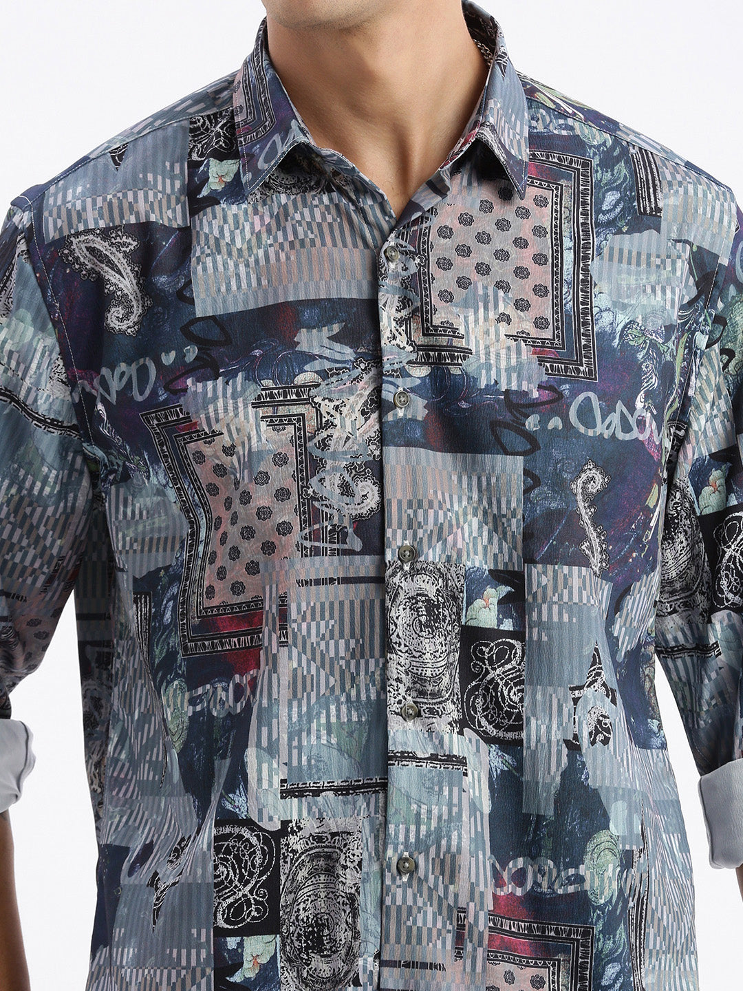 Men Spread Collar Abstract Slim Fit Multi Shirt