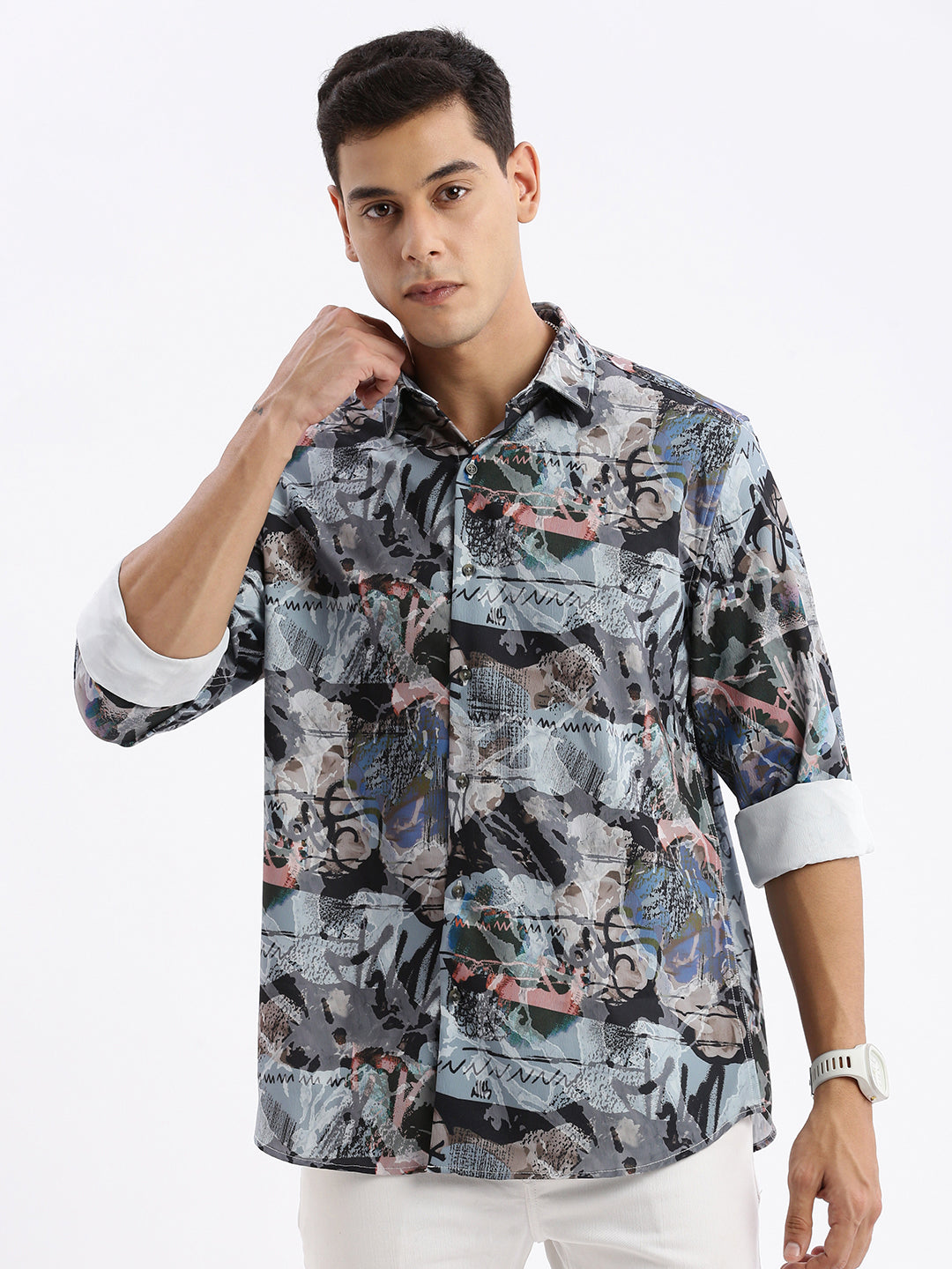 Men Spread Collar Abstract Slim Fit Multi Shirt