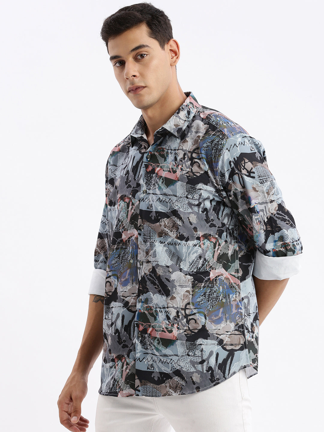 Men Spread Collar Abstract Slim Fit Multi Shirt