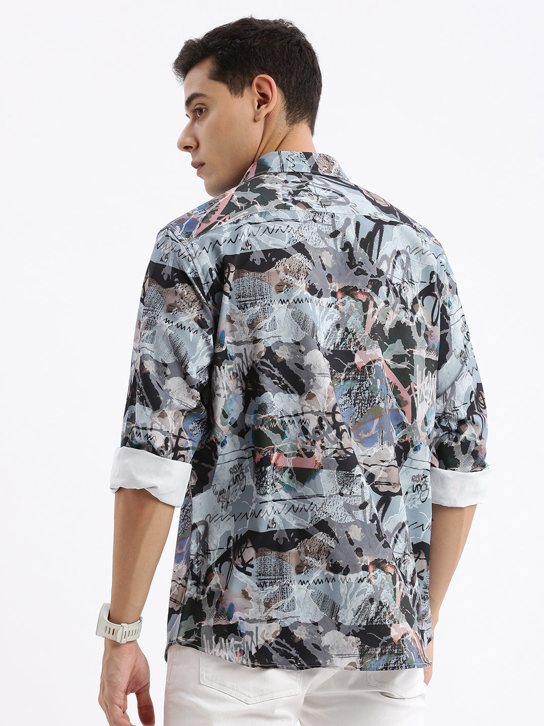 Men Spread Collar Abstract Slim Fit Multi Shirt