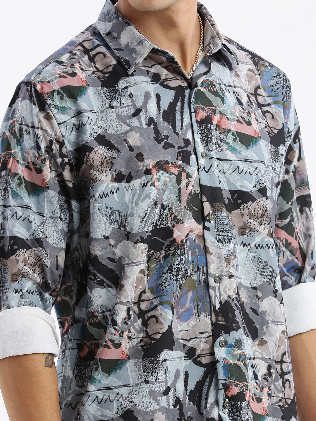 Men Spread Collar Abstract Slim Fit Multi Shirt