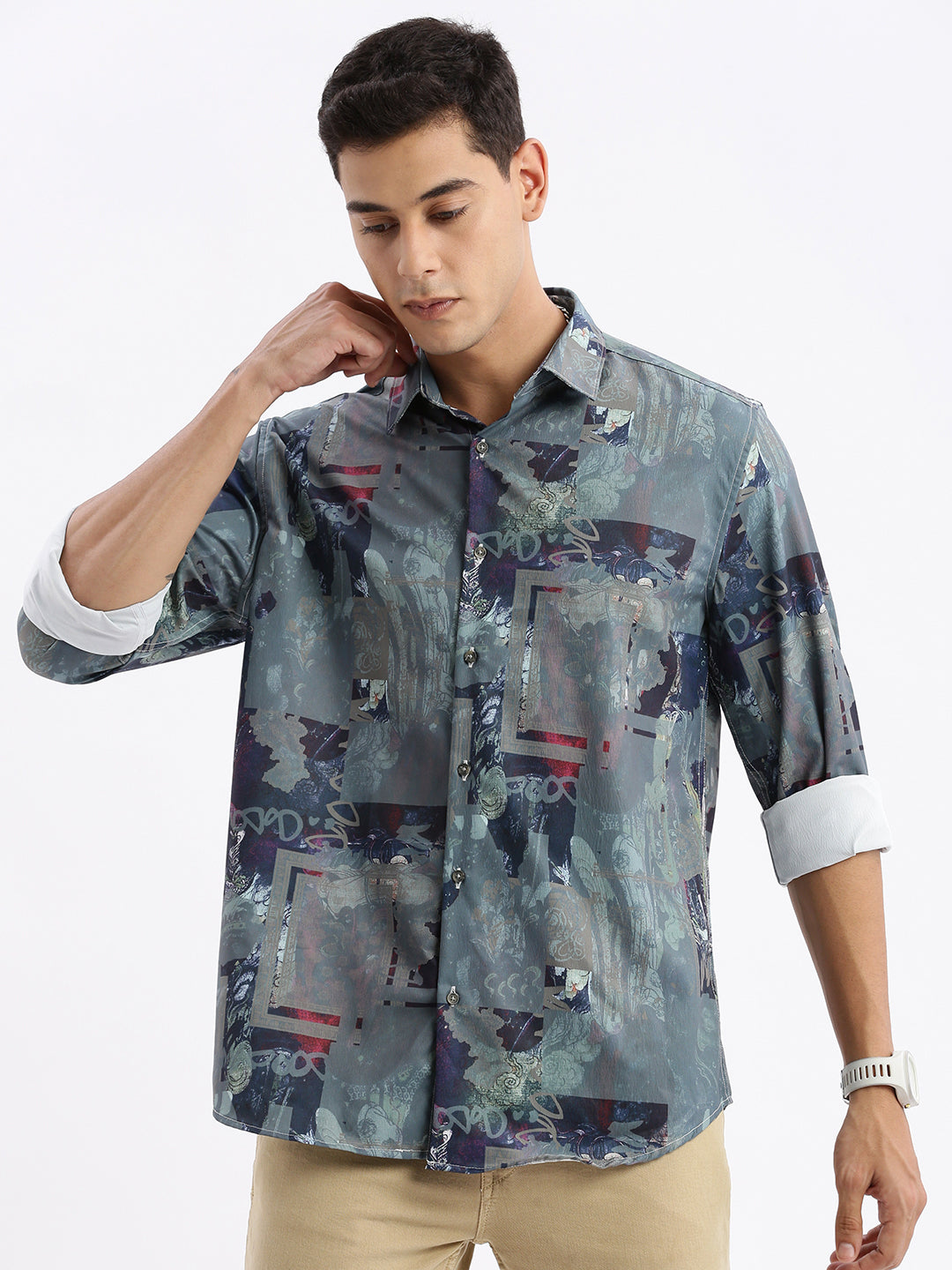 Men Spread Collar Abstract Slim Fit Multi Shirt