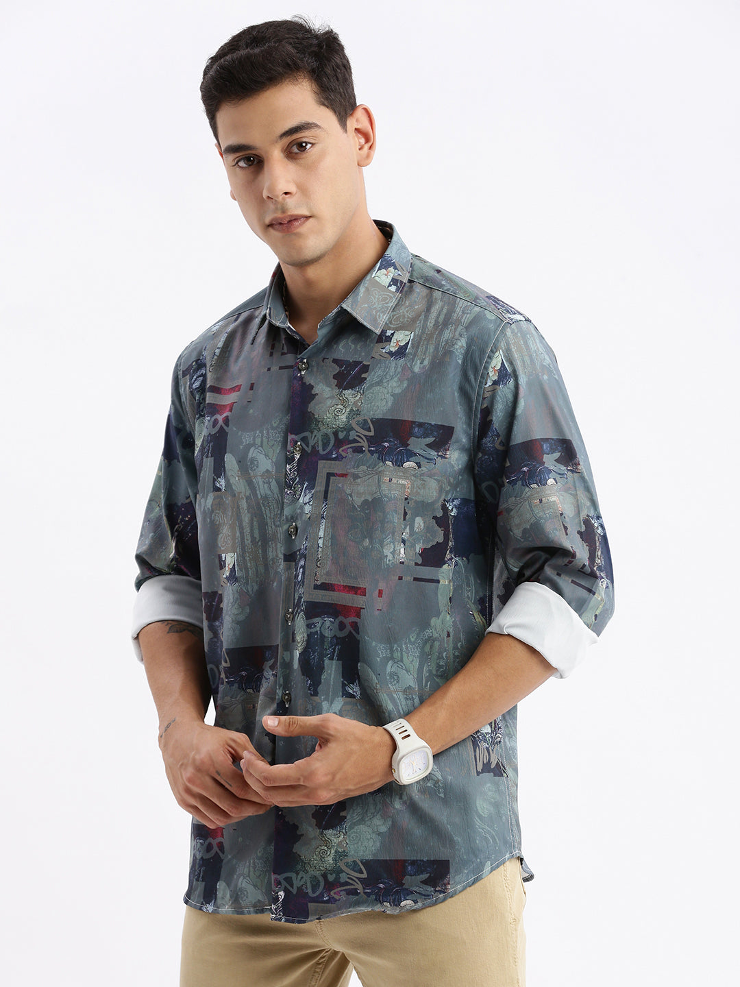 Men Spread Collar Abstract Slim Fit Multi Shirt