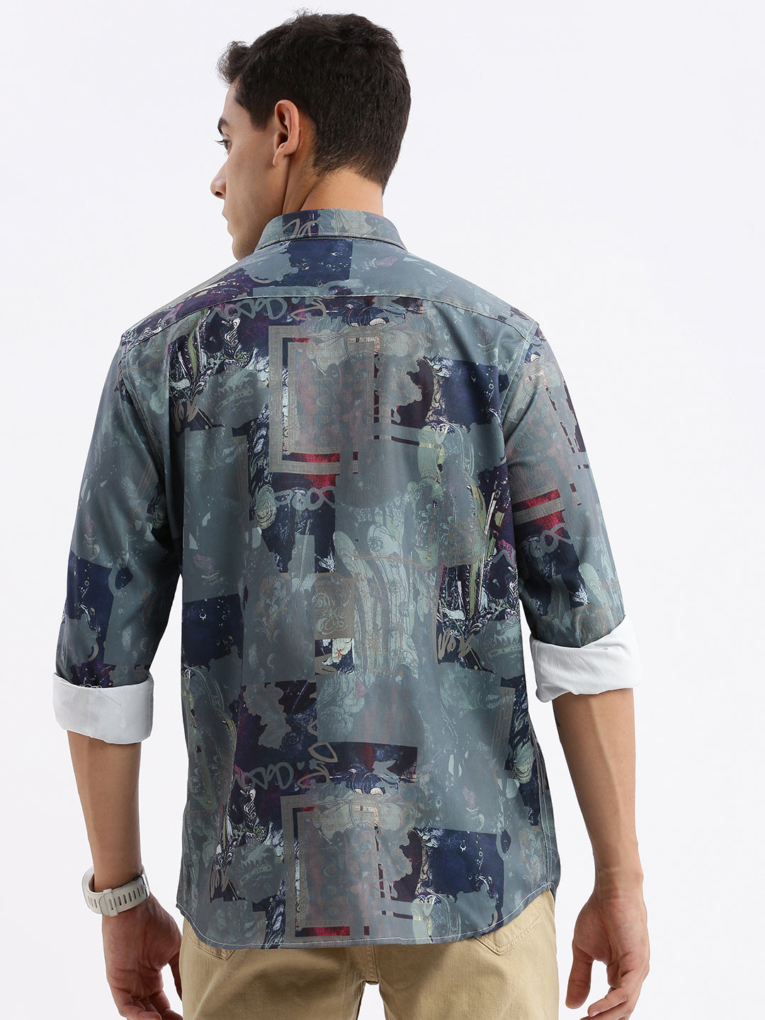 Men Spread Collar Abstract Slim Fit Multi Shirt