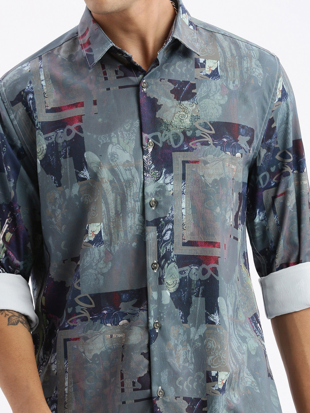 Men Spread Collar Abstract Slim Fit Multi Shirt